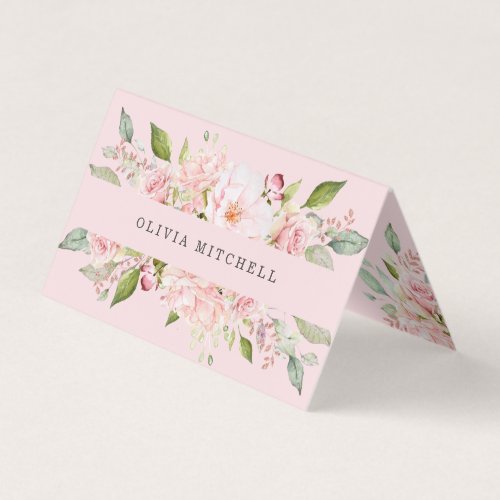 Pretty Pink Roses on Blush Pink  Floral Folded Business Card