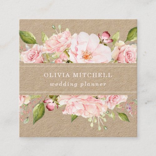 Pretty Pink Roses on Blush Pink  Floral Kraft Square Business Card