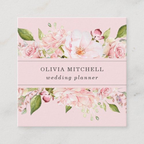 Pretty Pink Roses on Blush Pink  Floral Square Business Card