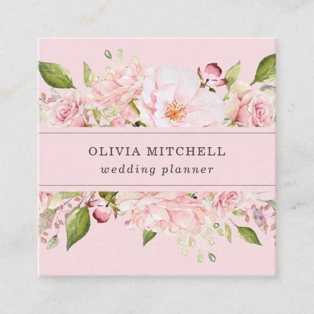 Pretty Pink Roses on Blush Pink | Floral Square Business Card (Front)