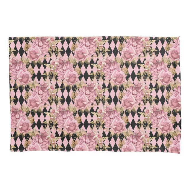 Pretty Pink Roses on Harlequin   Pillow Case (Front)
