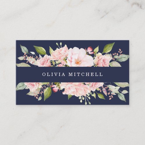 Pretty Pink Roses on Navy Blue  Floral Business Card