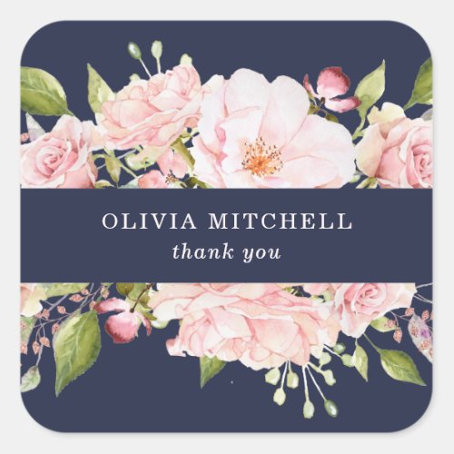 Pretty Pink Roses on Navy Blue  Floral Square Sticker