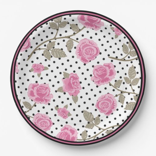 Pretty Pink Roses on White and Black Polka Dots Paper Plates