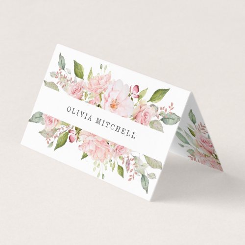 Pretty Pink Roses on White  Floral Folded Business Card