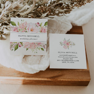 Pretty Pink Roses on White   Floral Square Business Card