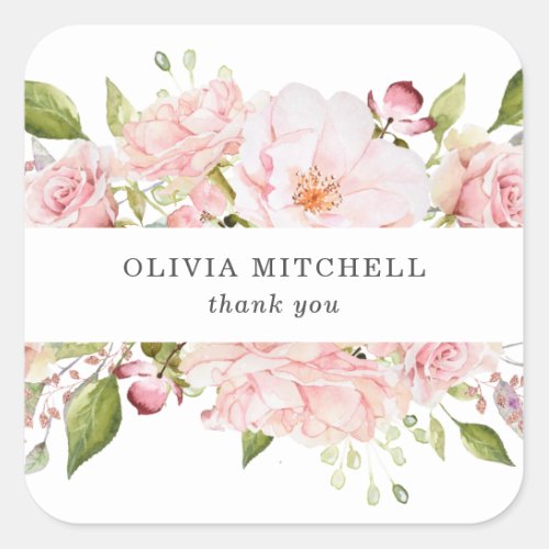 Pretty Pink Roses on White  Floral Square Sticker