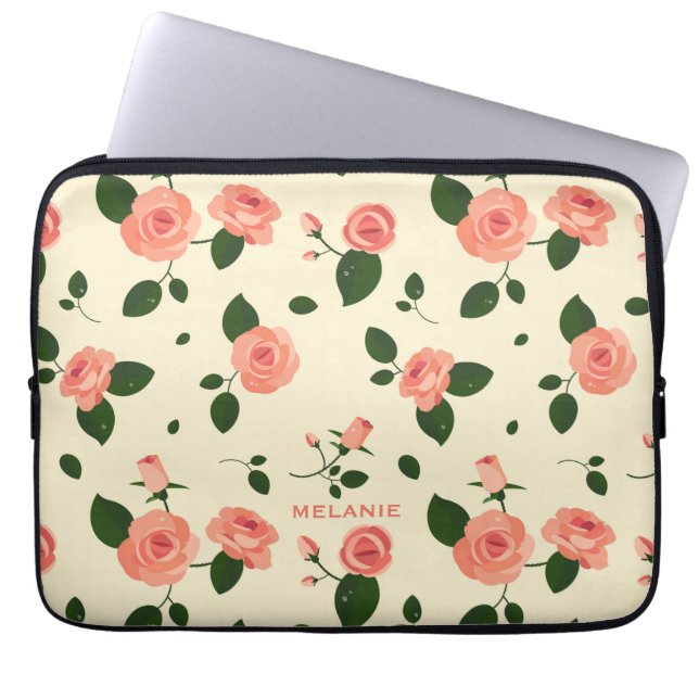 Pretty Pink Roses Pastel Pink Pattern Personalised Laptop Sleeve (Front)