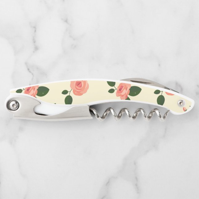 Pretty Pink Roses Pastel Pink Pattern Waiter's Corkscrew (Front)