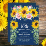 Pretty Pink Roses Sunflowers Navy Blue 16th Invitation<br><div class="desc">Cute and stylish boho-style yellow sunflowers and pink roses on navy blue 16th birthday party invitation for girls. The back of this beautiful card has a navy blue background to match the front. Text is customizable for any event you are planning. Contact me if you need help customizing your card...</div>