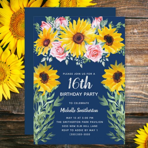 Pretty Pink Roses Sunflowers Navy Blue 16th Invitation