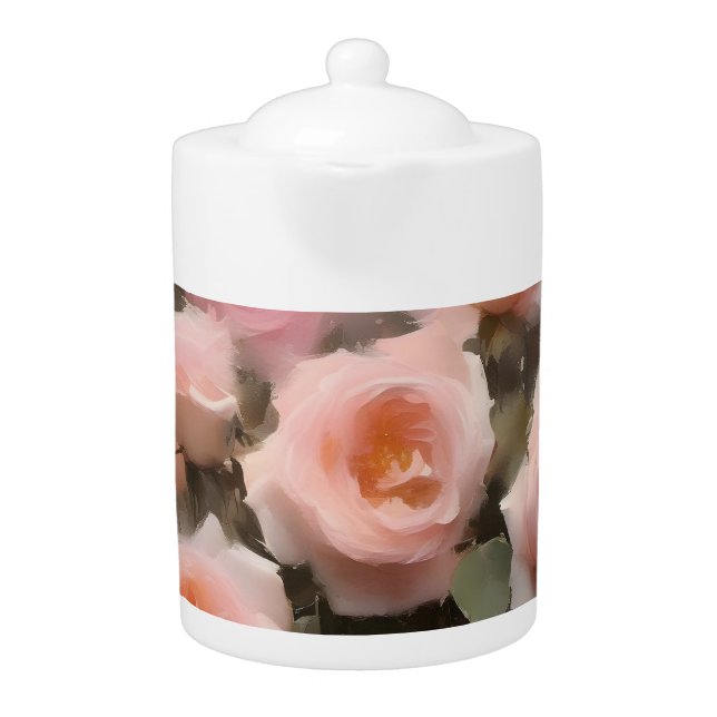 Pretty pink roses watercolor painting teapot (Front)