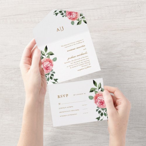 Pretty Pink Roses Wedding All In One Invitation