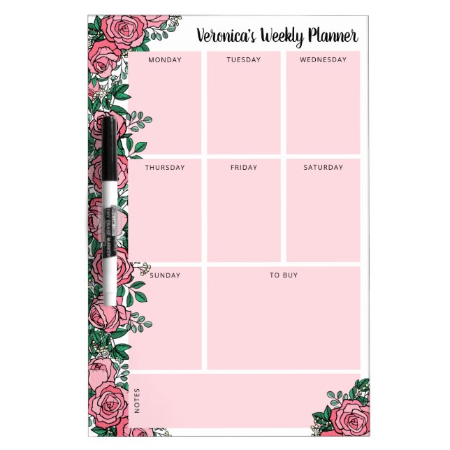 Pretty Pink Roses Weekly Planner Dry Erase Board (Front)