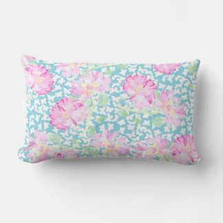 Pretty Pink Roses, White Butterflies on Sky Blue Lumbar Pillow