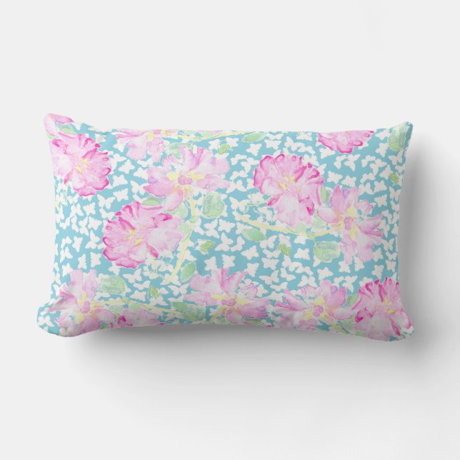 Pretty Pink Roses, White Butterflies on Sky Blue Lumbar Pillow (Front)