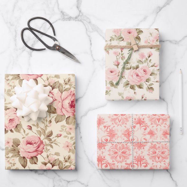 Pretty Pink Roses Wrapping Paper Sheets (Front)