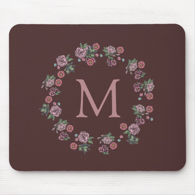 Pretty Pink Roses Wreath Burgundy Monogram Mouse Pad (Front)