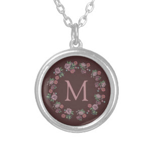 Pretty Pink Roses Wreath Burgundy Monogram Silver Plated Necklace