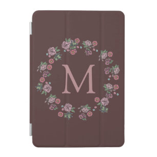 Pretty Pink Roses Wreath Monogram Burgundy iPad Mini Cover
