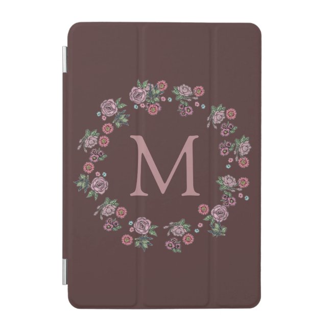 Pretty Pink Roses Wreath Monogram Burgundy iPad Mini Cover (Front)