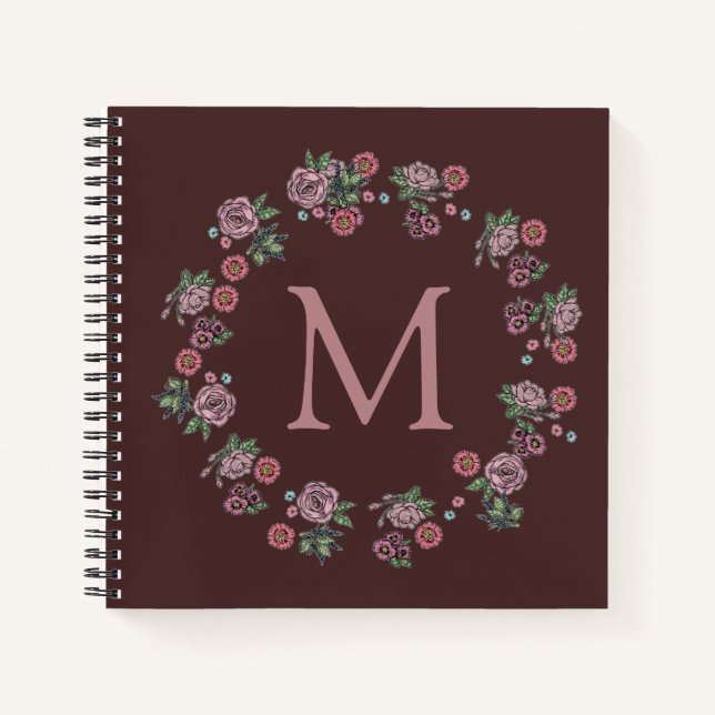 Pretty Pink Roses Wreath Monogram Burgundy Notebook (Front)