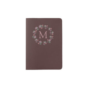 Pretty Pink Roses Wreath Monogram Burgundy Passport Holder