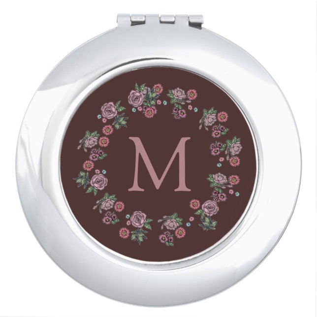 Pretty Pink Roses Wreath Monogram Compact Mirror (Front)