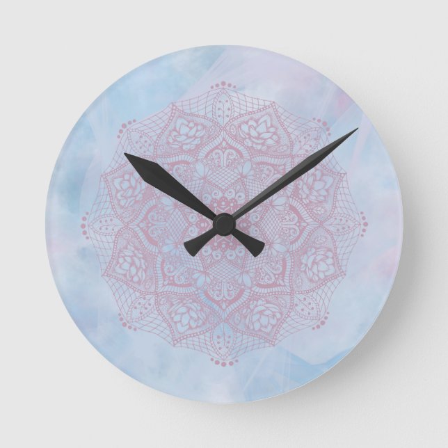 Pretty Pink Sacred Lotus Flower Blossom Mandala   Round Clock (Front)