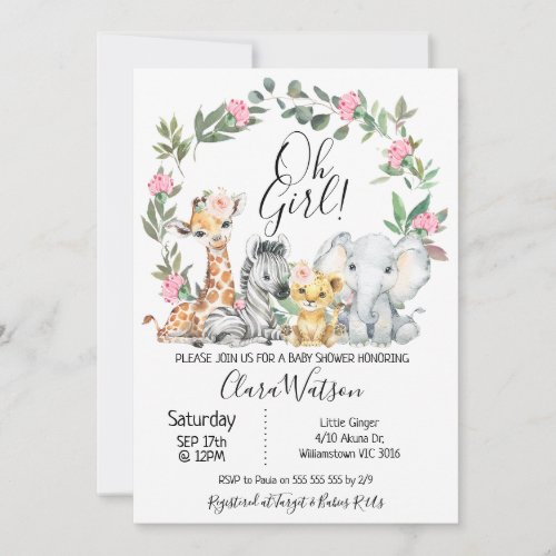 Pretty Pink Safari Animals Wreath Baby Shower Invitation