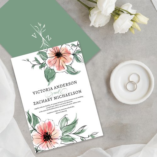 Pretty Pink Sage Green Floral Botanical Wedding Invitation