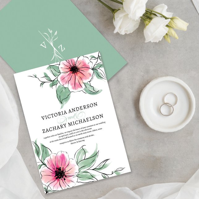 Pretty Pink Sage Green Floral Botanical Wedding Invitation (Creator Uploaded)