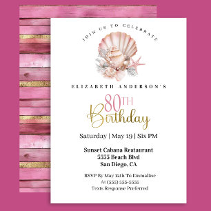 Pretty Pink Seashell and Pearls 80th Birthday Invitation