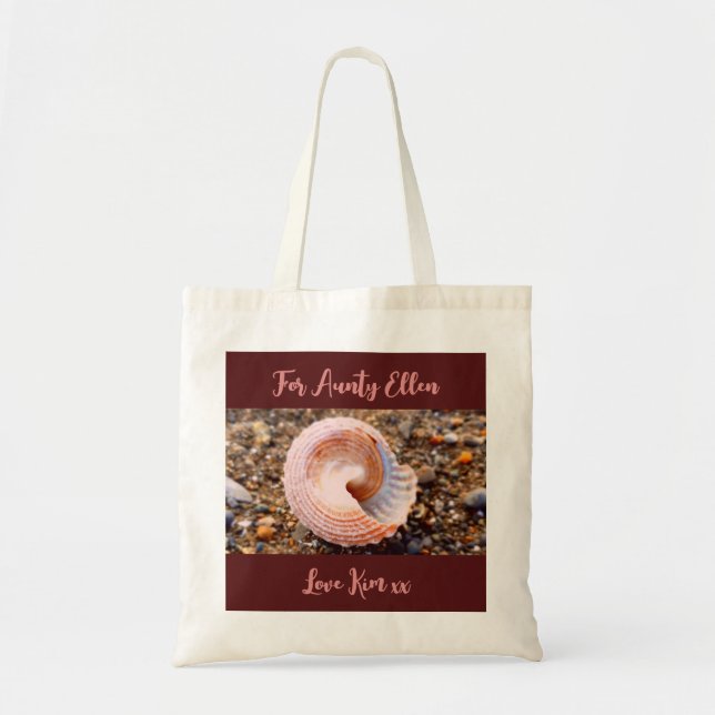Pretty Pink Seashell Beach Photo with Custom Text  Tote Bag (Front)