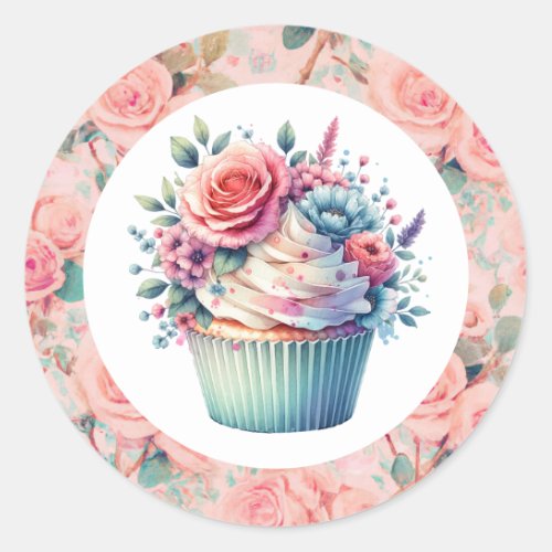 Pretty pink Shabby Chic Floral Birthday Cupcake Classic Round Sticker