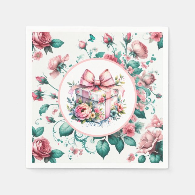 Pretty Pink Shabby Chic Floral Birthday  Napkins (Front)