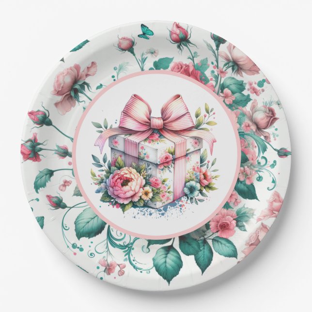 Pretty Pink Shabby Chic Floral Birthday  Paper Plates (Front)