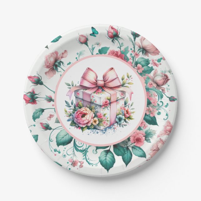 Pretty Pink Shabby Chic Floral Birthday  Paper Plates (Front)
