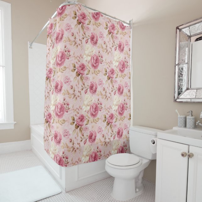 Pretty Pink  Shabby Chic Floral Pattern  Shower Curtain (In Situ)