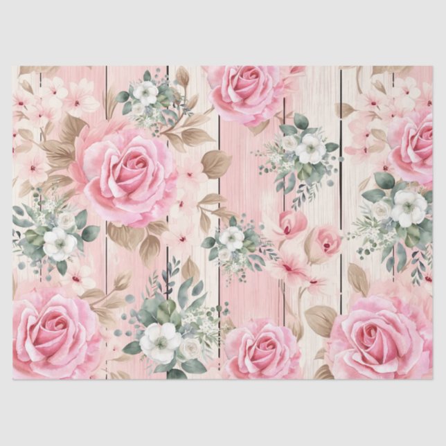 Pretty Pink Shabby Chic Roses & Eucalyptus  Tissue Paper (Front)