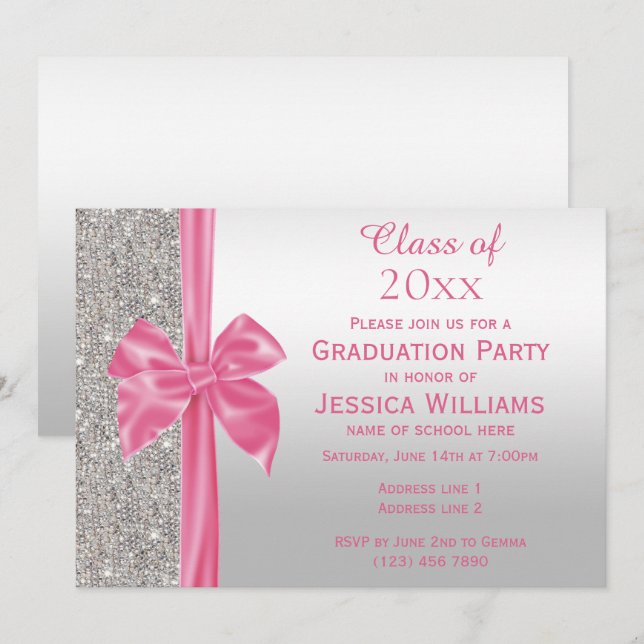 Pretty Pink Silk Bow & Silver Sequins Graduation Invitation (Front/Back)