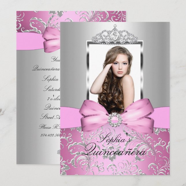 Pretty Pink Silver Bow & Tiara Quinceanera Invitation (Front/Back)
