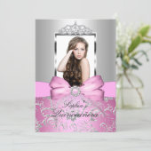 Pretty Pink Silver Bow & Tiara Quinceanera Invitation (Standing Front)