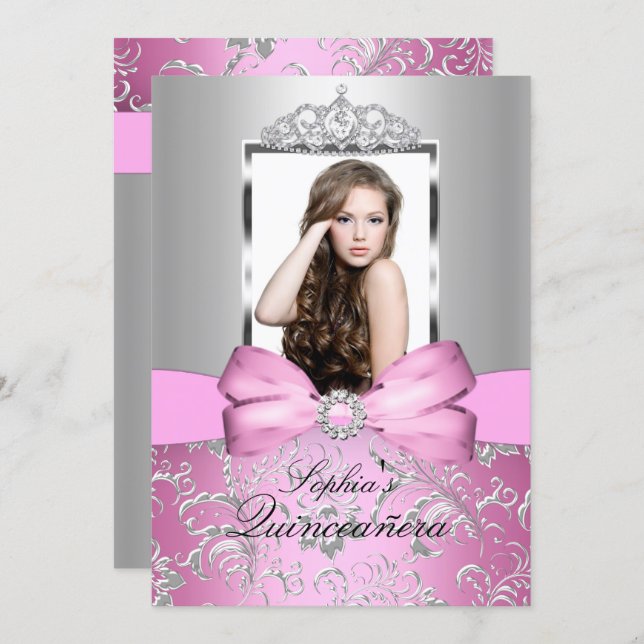 Pretty Pink Silver Bow & Tiara Quinceanera Invitation (Front/Back)