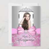 Pretty Pink Silver Bow & Tiara Quinceanera Invitation (Front)