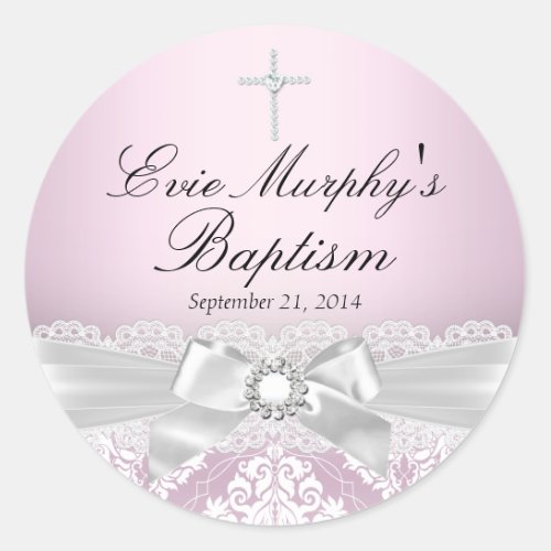 Pretty Pink Silver Damask  Bow Baptism Sticker
