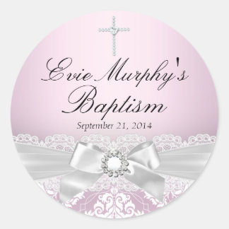 Pretty Pink Silver Damask & Bow Baptism Sticker