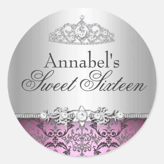 Pretty Pink & Silver Damask Sweet 16 Sticker (Front)