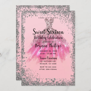 Pretty Pink Silver Glitter Party Dress Sweet 16 Invitation