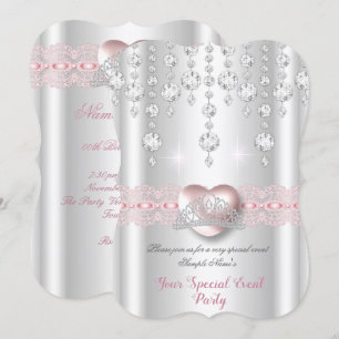 Pretty Pink Silver Heart Diamond Tiara Any Party Invitation
